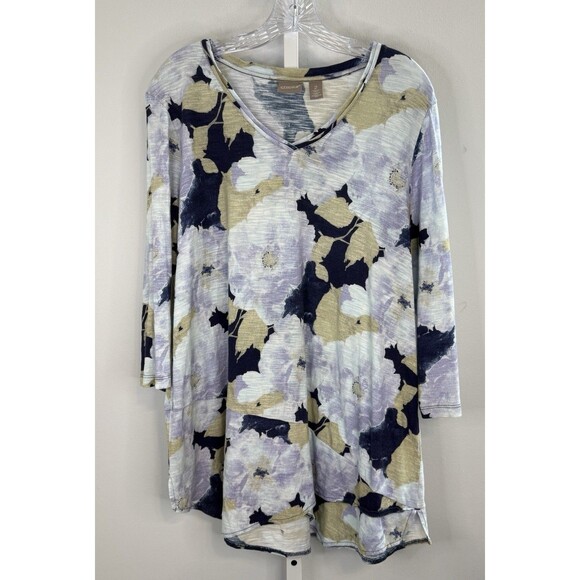 Chico’s 2 (XL / 16) Floral Print Tunic Top 3/4 Sleeve V-Neck Cotton Modal Blend - Picture 1 of 8